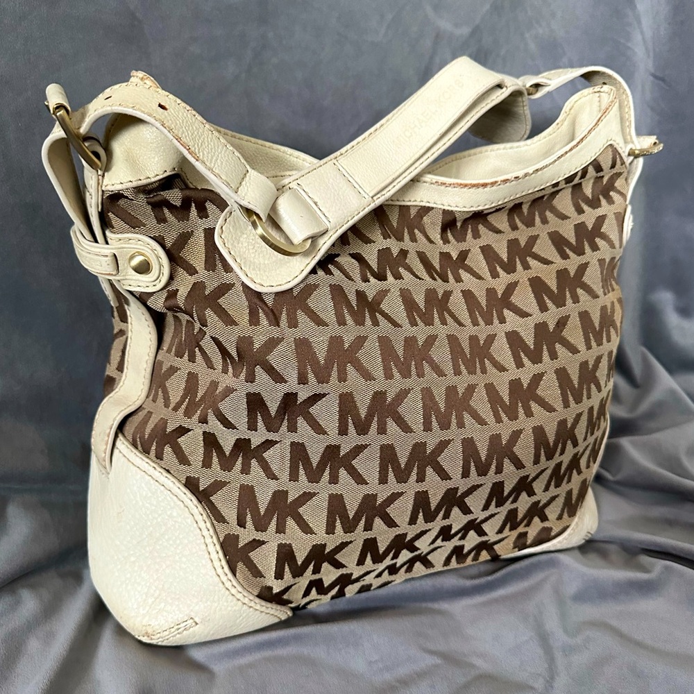 Michael Kors Shoulder Bag- Brown Tan Cream Leather-Monogram Bucket Hobo Work Bag